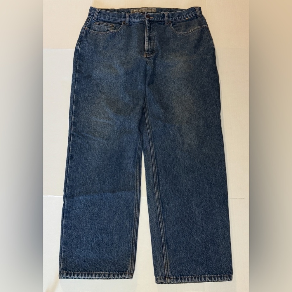 EDDIE BAUER MEN’S BLUE DENIM JEANS FLANNEL LINED RELAXED FIT RETRO